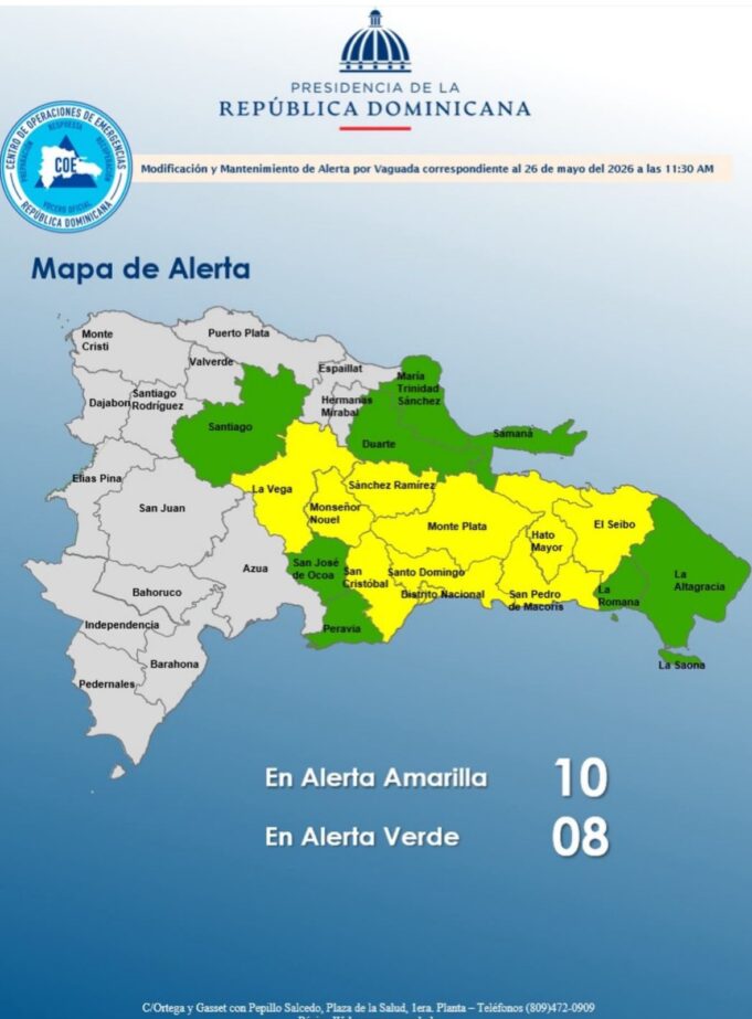 COE eleva a 10 las provincias en alerta amarilla por lluvias