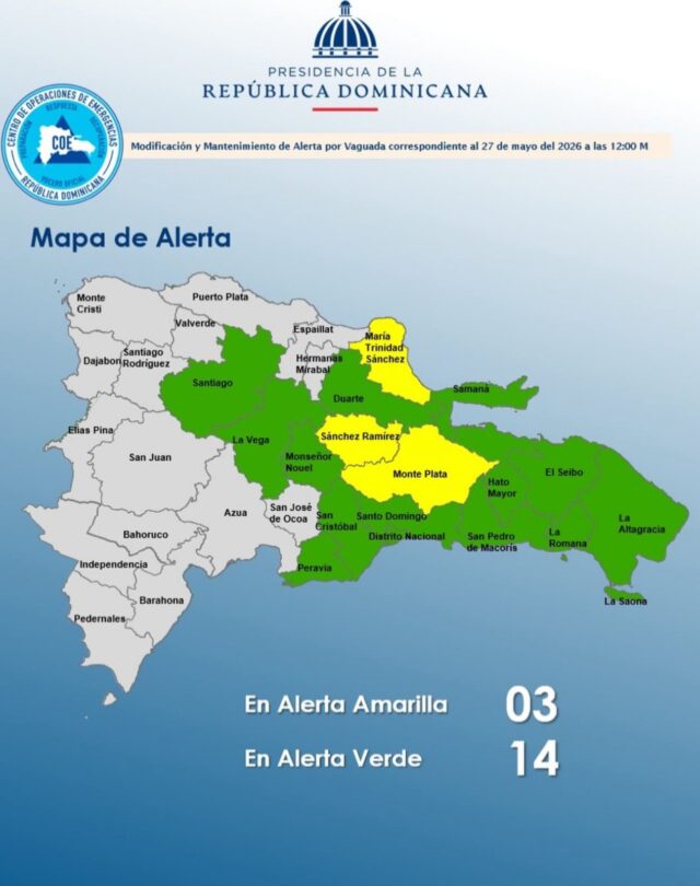 COE mantiene 3 provincias en alerta amarilla y 14 en verde por vaguada