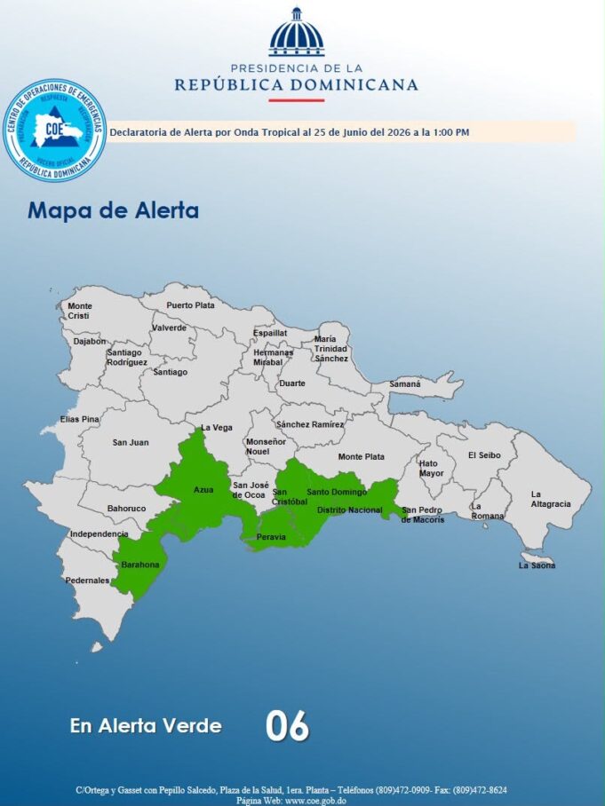 Distrito Nacional y cinco provincias bajo alerta verde por lluvias