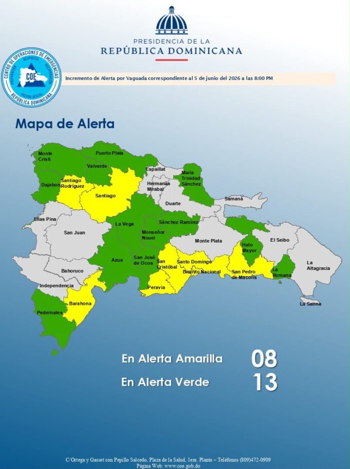 COE aumenta provincias en alerta amarilla y verde por incidencia de vaguada
