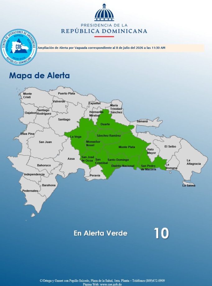 COE aumenta a 10 las demarcaciones en alerta verde por lluvias asociadas a vaguada y onda tropical