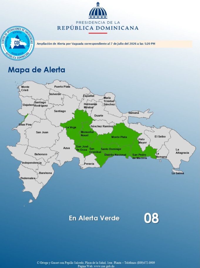 COE eleva a ocho las demarcaciones en alerta verde por lluvias y tormentas