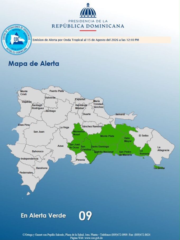 COE coloca nueve provincias bajo alerta verde por lluvias