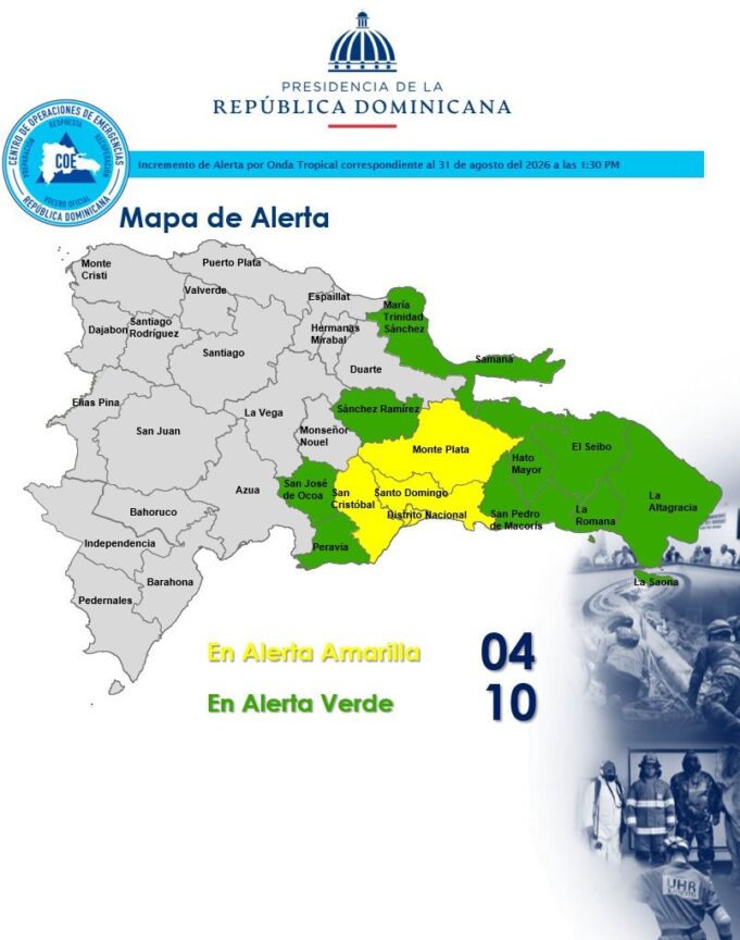 COE mantiene cuatro provincias en alerta amarilla y otras 10 en verde por las lluvias