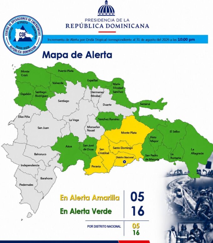 COE eleva a cinco las provincias en alerta amarilla y aumenta a 16 las que están en verde